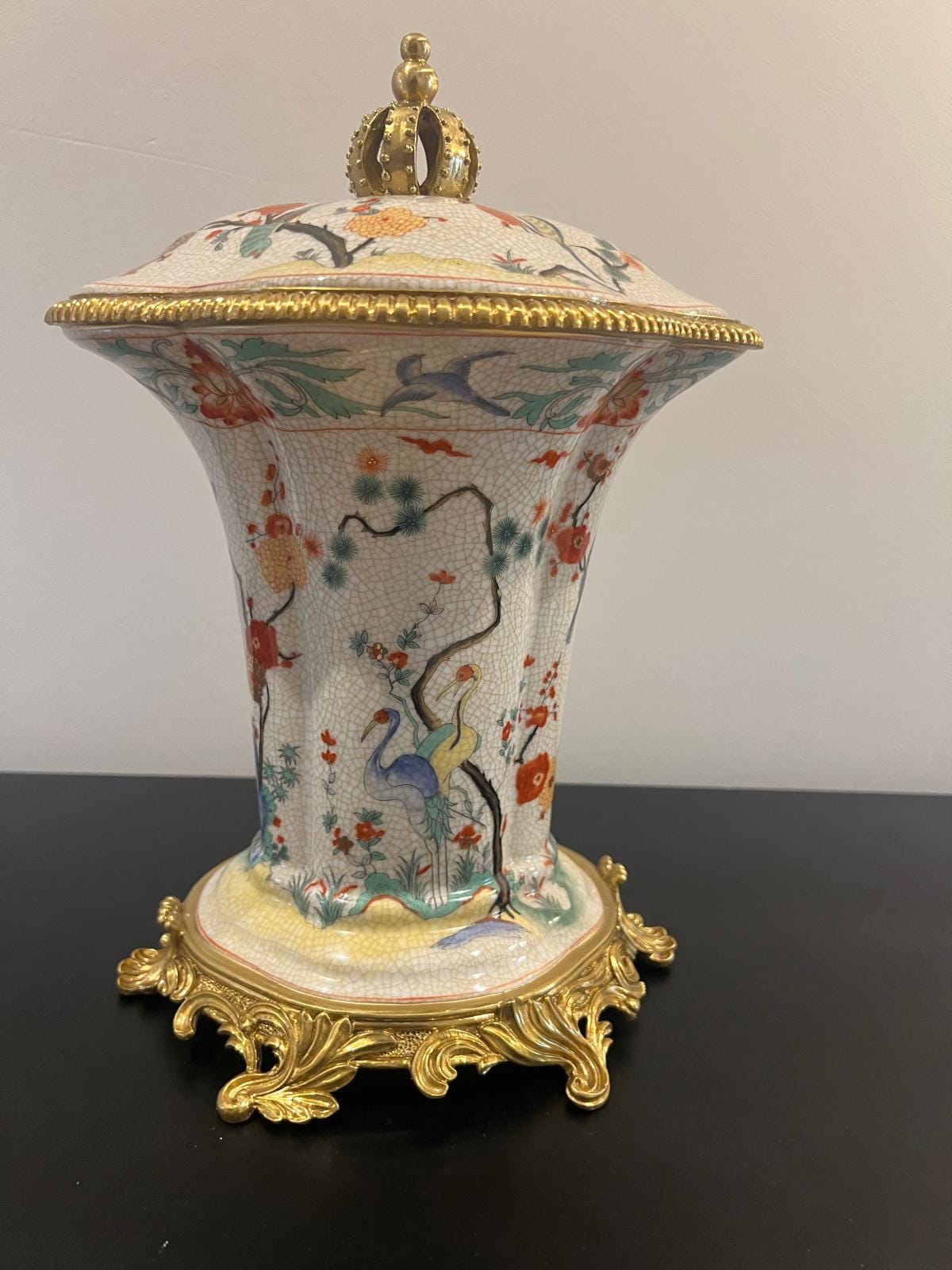 Art Deco Porcelain Jar with Gold Base & Hand‑Painted Birds