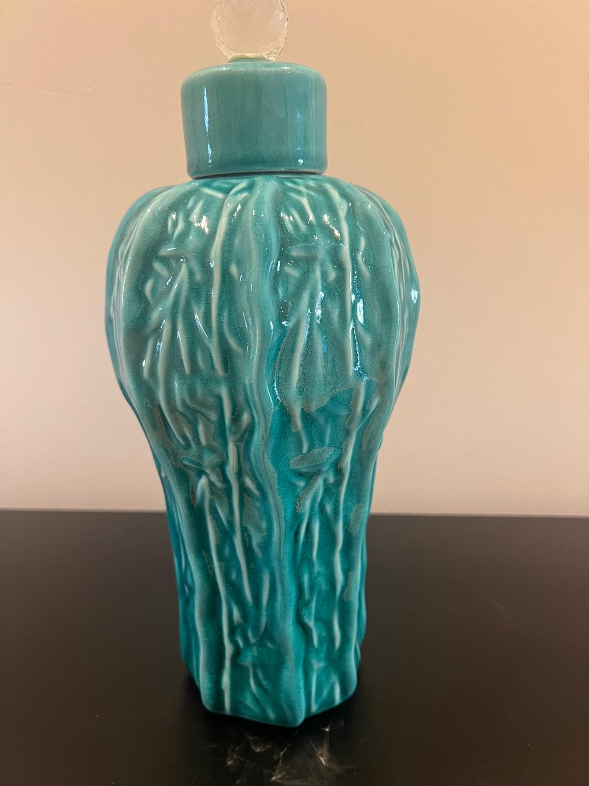 Turquoise Ceramic Lidded Jar with Crystal Finial – Decorative Home Accent