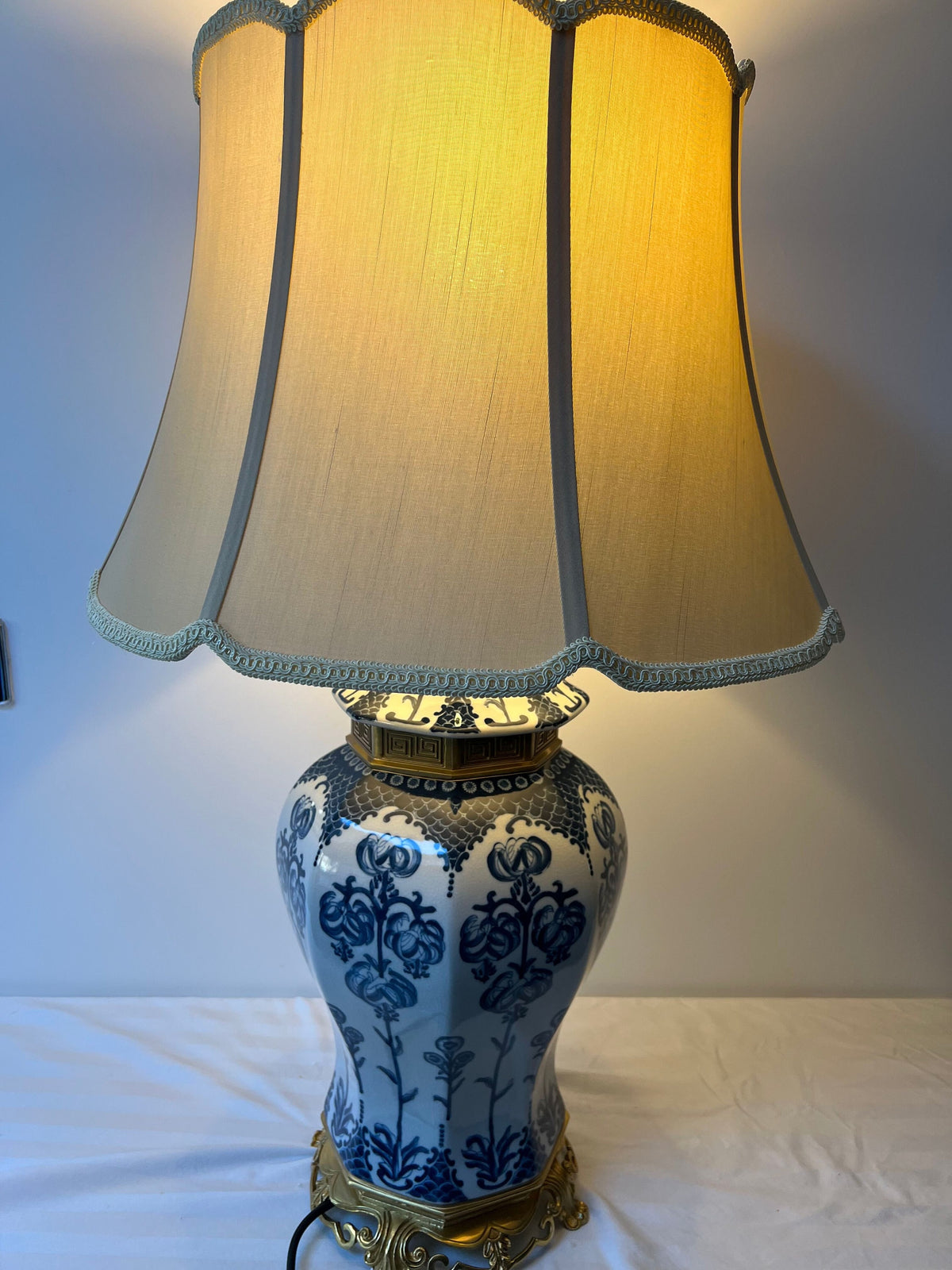 Blue and White Porcelain Table Lamp with Fabric Shade – Classic Decorative Lighting - 95cm