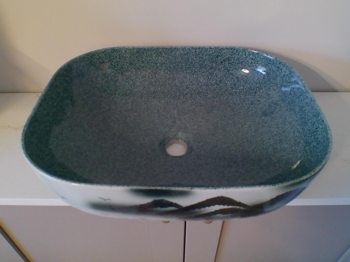 Hand‑Painted Porcelain Basin – Grey Landscape Bathroom Sink – Modern Artistic Wash Bowl
