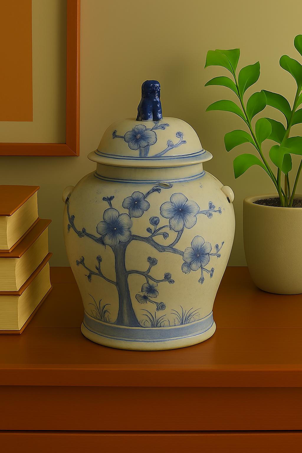 Blue and White Porcelain Ginger Jar – Floral Motif with Handles & Lid