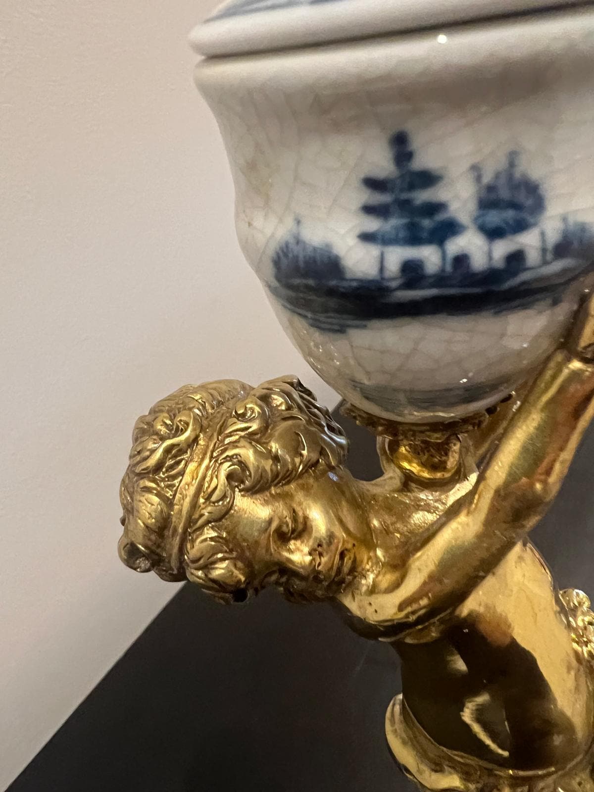 Pair of Cherub Candle Holders with Blue & White Porcelain Urns – Ornate Gilt Candelabras
