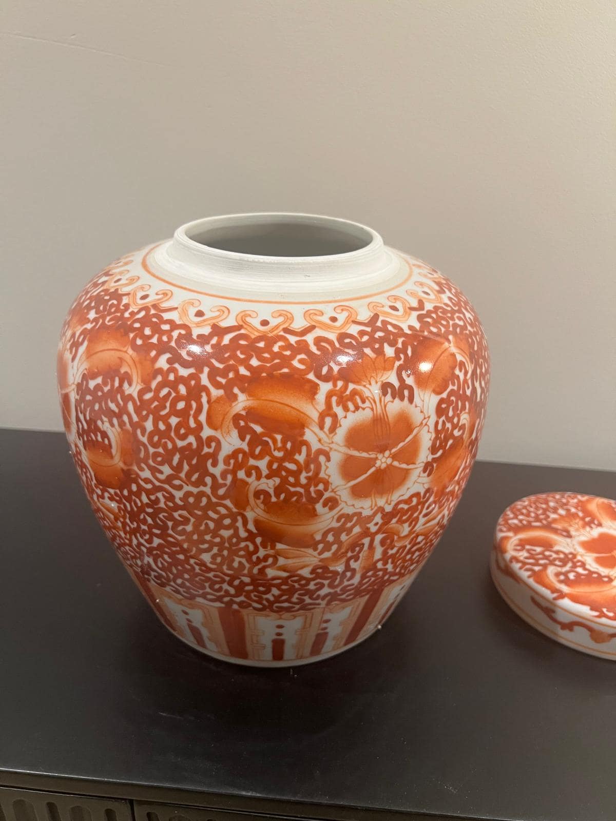 Red & White Decorative Ceramic Jar – Handcrafted Floral and Geometric Design with Lid