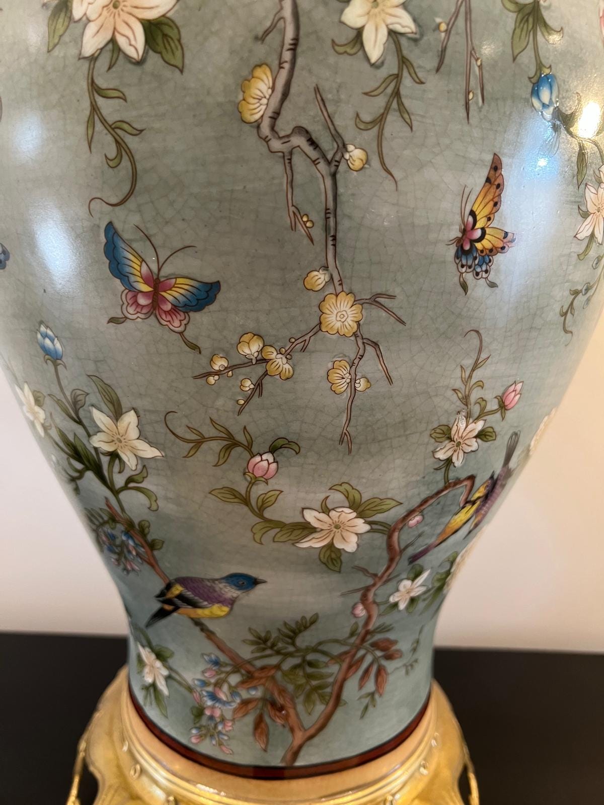 Green Porcelain Ginger Jar with Butterflies & Flowers – Gilded Decorative 67cm H