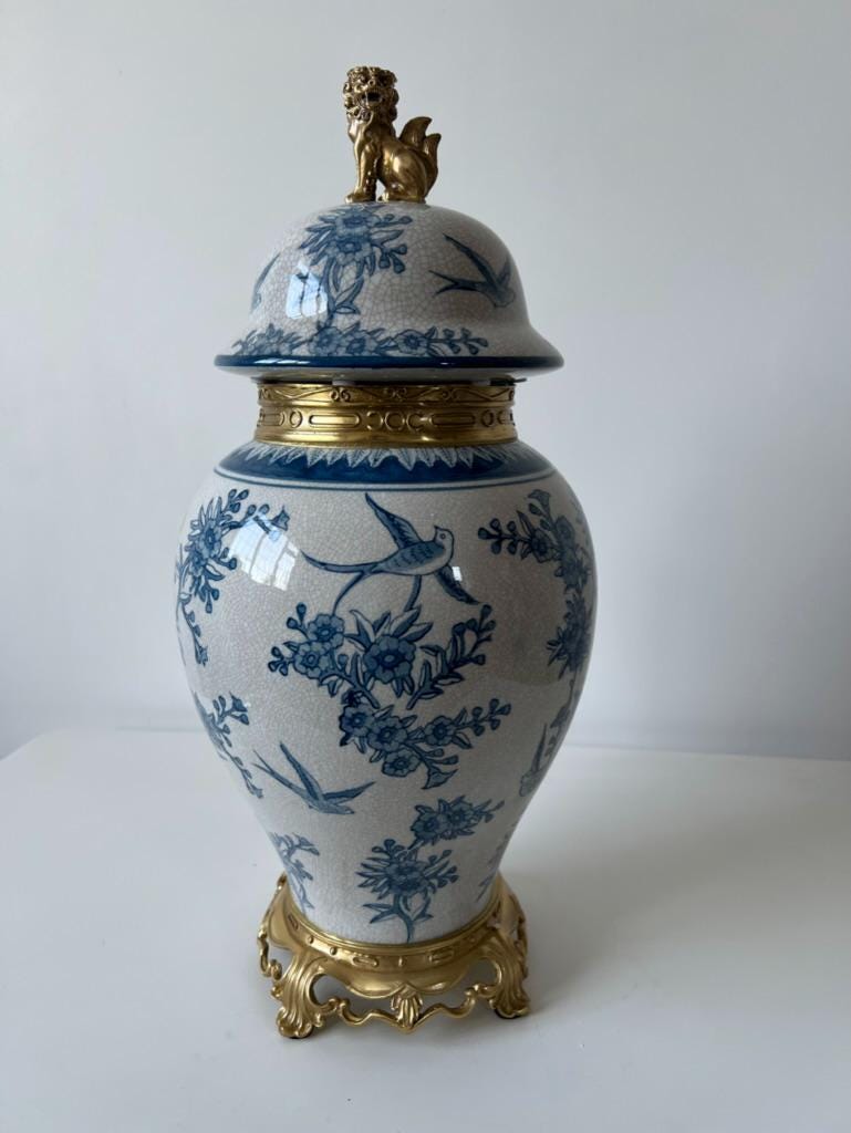 Blue and White Ginger Jar: Floral Bird Motif, Brass Foo Dog Lid