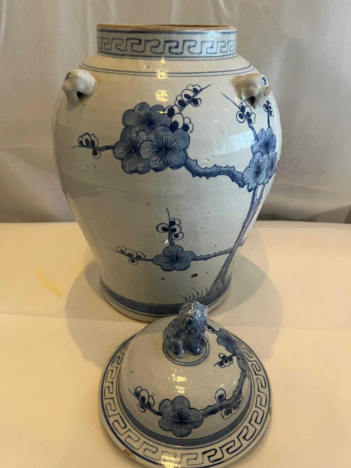 Blue and White Porcelain Ginger Jar – Floral Motif with Handles & Lid