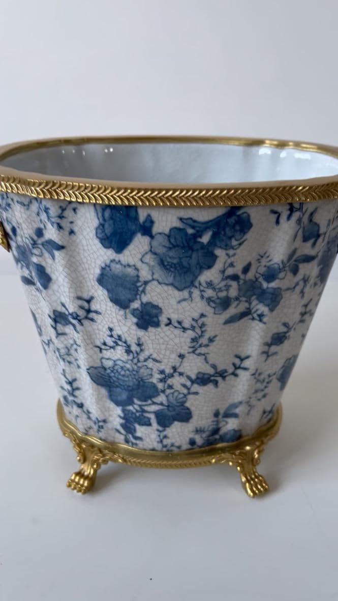 Blue and White Porcelain Cachepot with Gilt Handles and Feet – Decorative Planter
