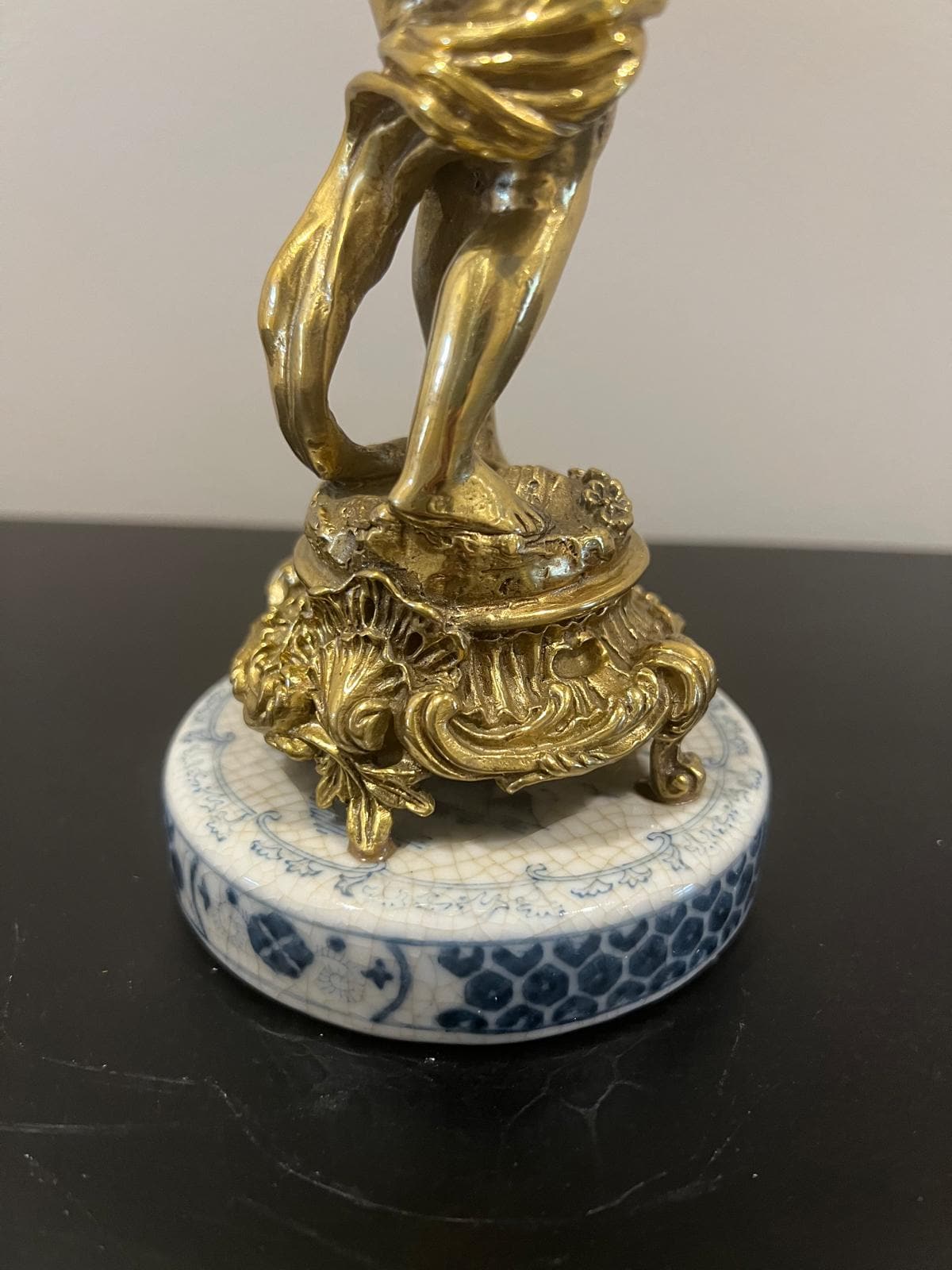 Pair of Cherub Candle Holders with Blue & White Porcelain Urns – Ornate Gilt Candelabras