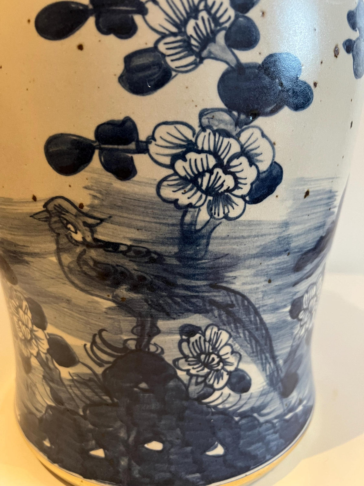 Blue and White Porcelain Ginger Jar with Bird & Floral Motif – Gilt Lidded Decor 19"
