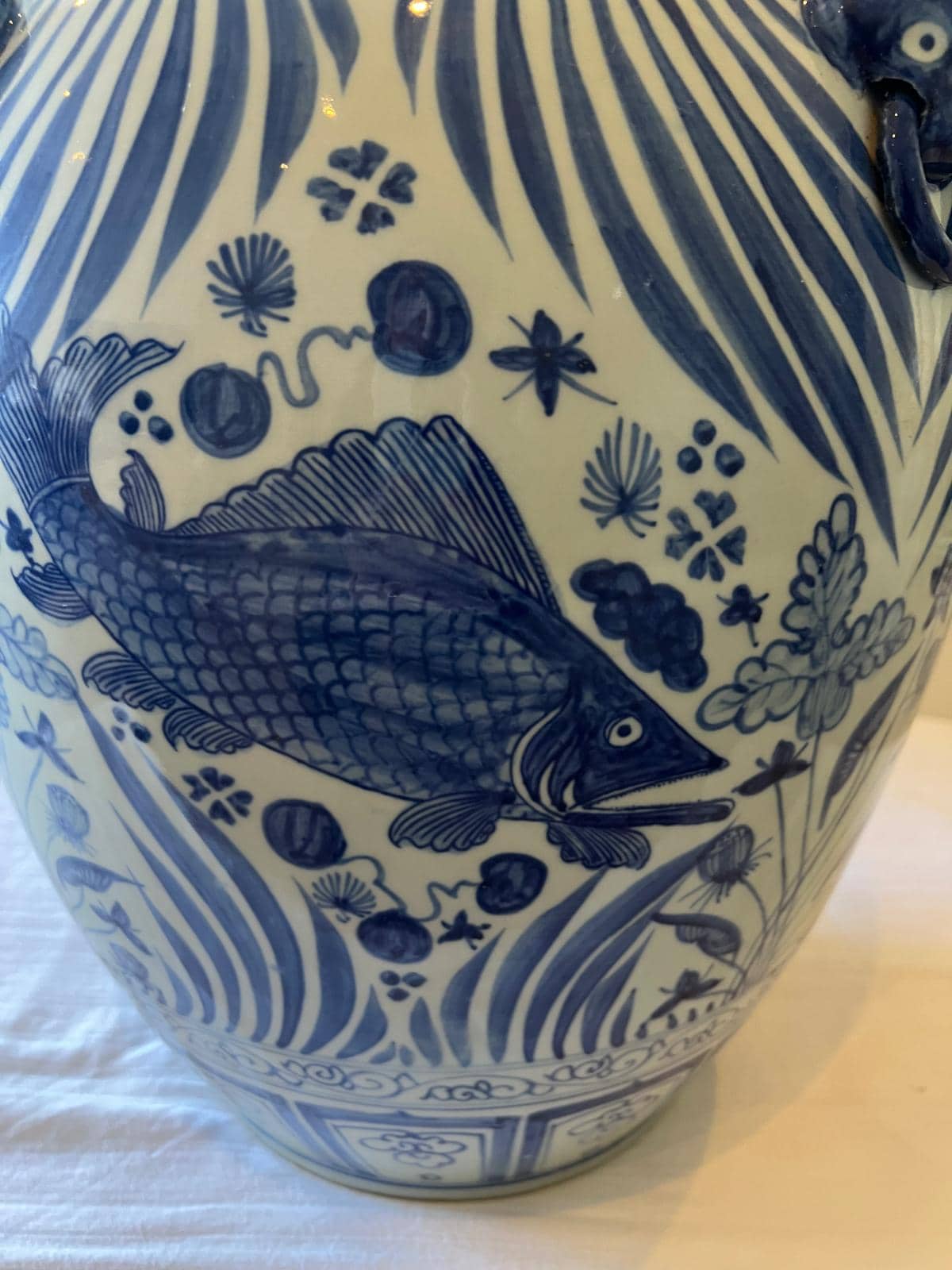 Vintage Chinese Blue and White Porcelain Ginger Jar - Fish Motif