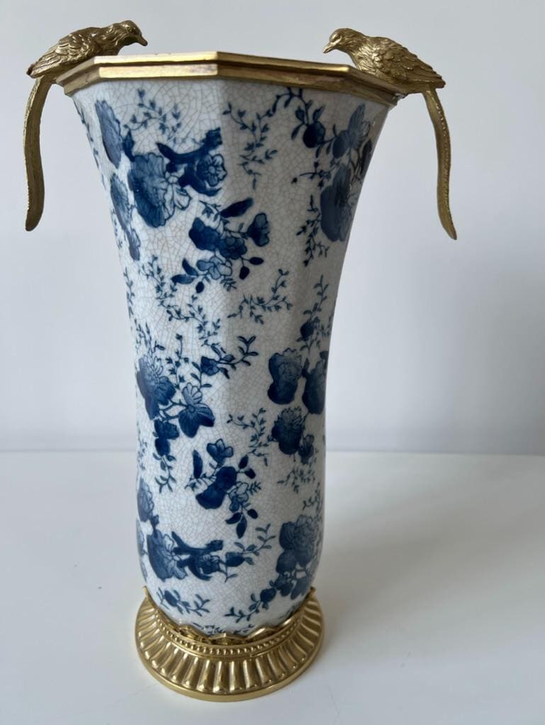 Blue and White Porcelain Vase: Bronze Accents, Spring Flower Motif (35.5 cm)
