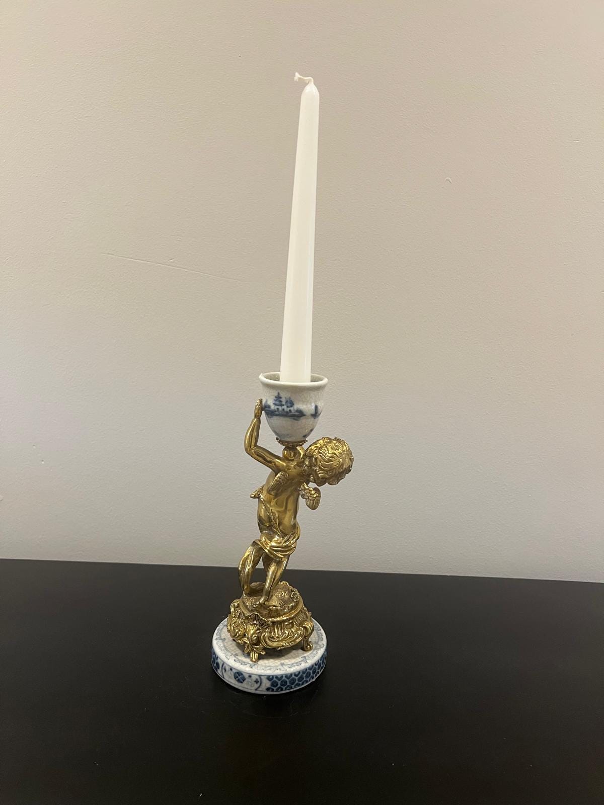 Pair of Cherub Candle Holders with Blue & White Porcelain Urns – Ornate Gilt Candelabras