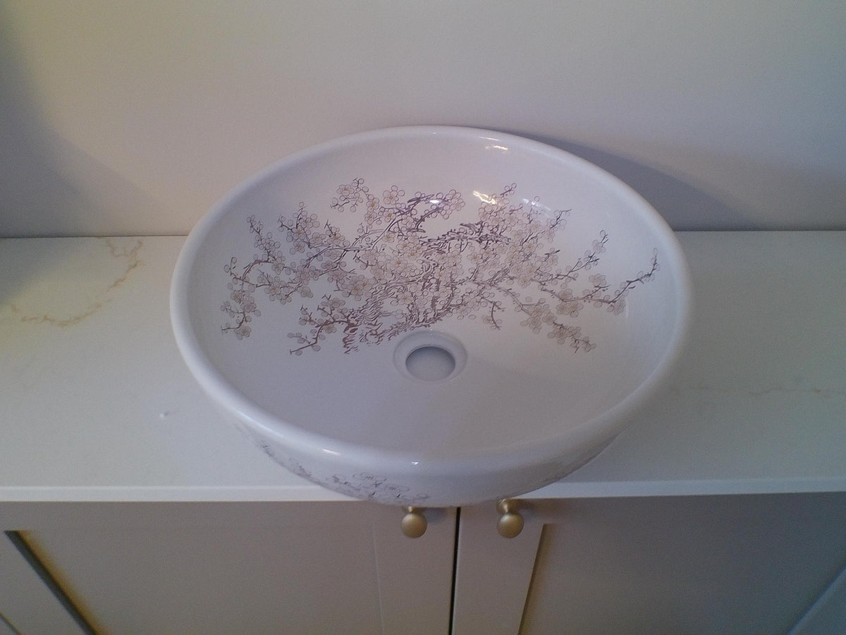 Vintage Style Porcelain Sink Pair – Hand-Painted Botanical Double Vanity Set