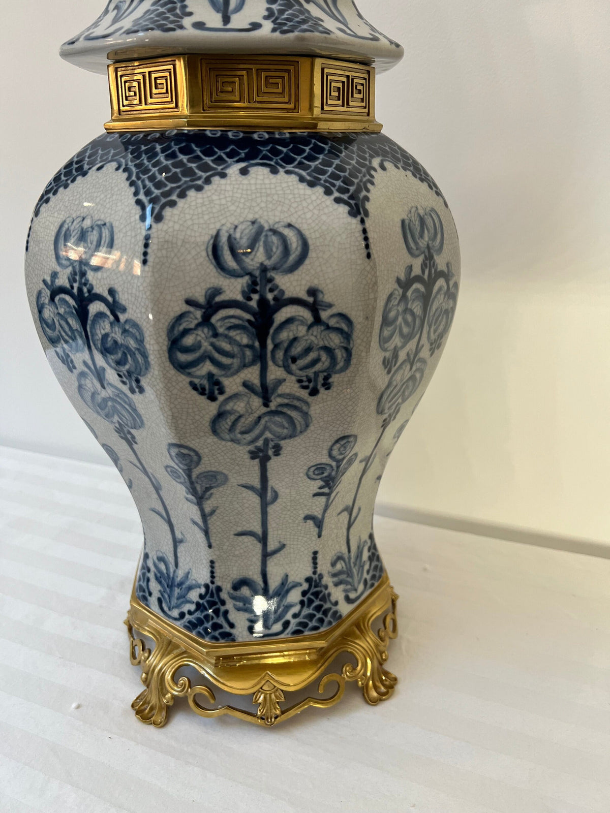 Blue and White Porcelain Ginger Jar with Lid – Decorative Urn with Gilt Base (22")