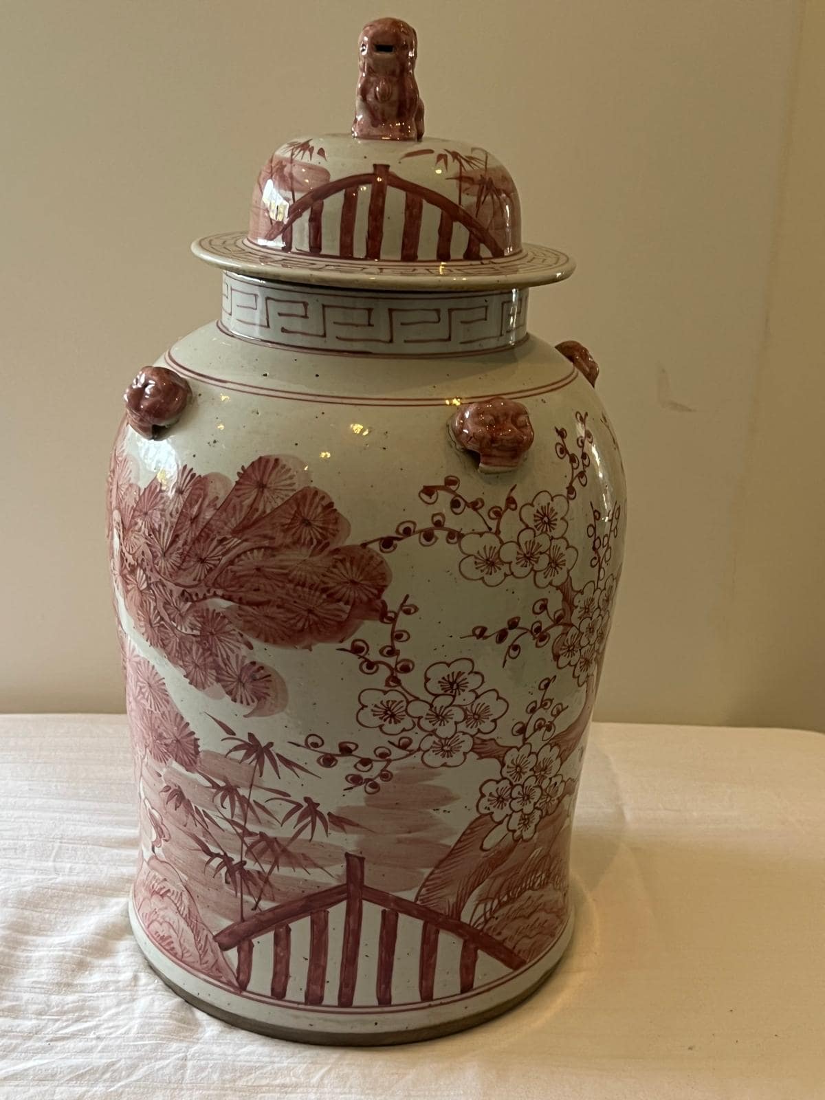 Vintage Style Red & White Chinese Ginger Jar – Guardian Lion Lid