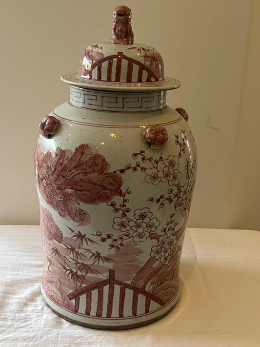 Vintage Style Red & White Chinese Ginger Jar – Guardian Lion Lid