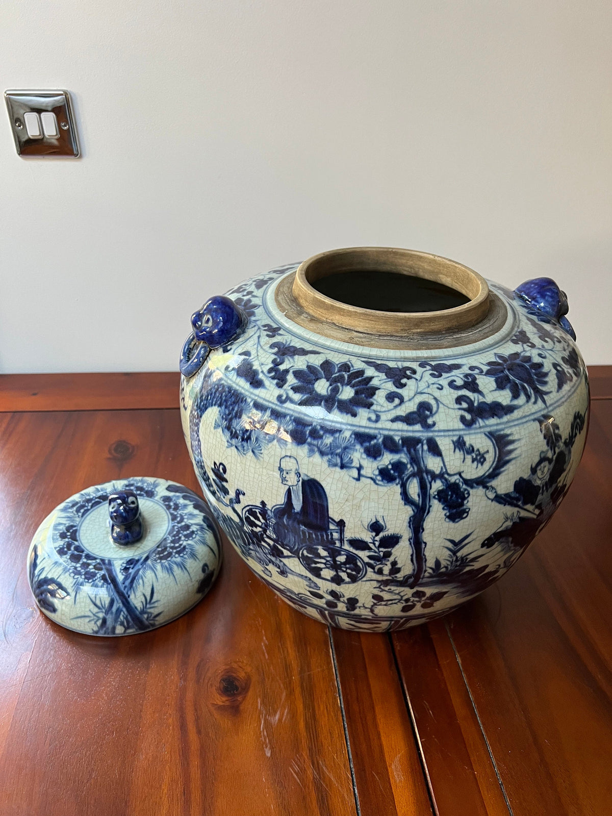 Blue White Porcelain Ginger Jar – Crackle Glaze Foo Dog Finial Asian Decor