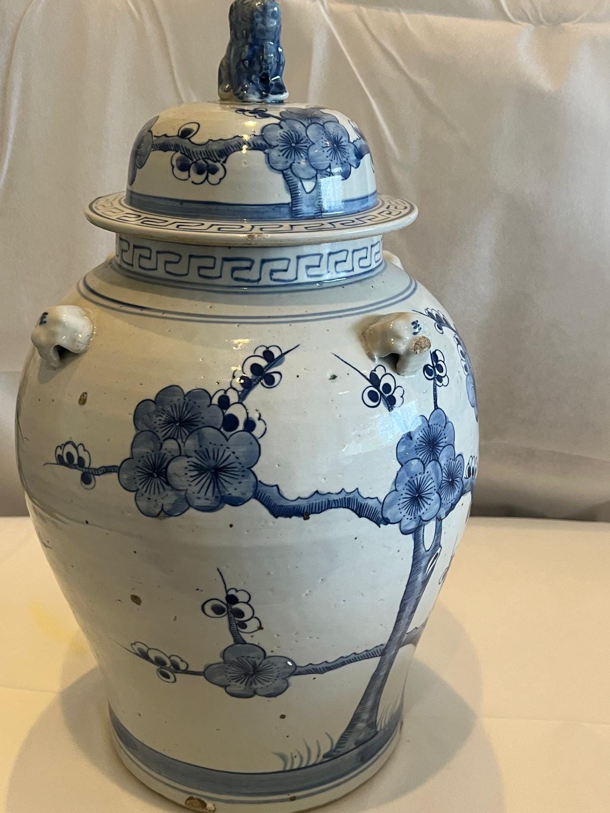 Blue and White Porcelain Ginger Jar – Floral Motif with Handles & Lid