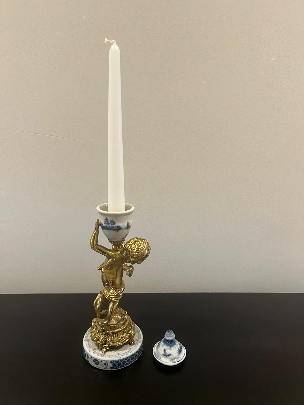 Pair of Cherub Candle Holders with Blue & White Porcelain Urns – Ornate Gilt Candelabras
