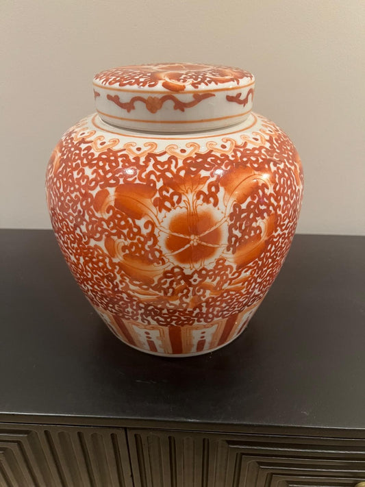 Red & White Decorative Ceramic Jar – Handcrafted Floral and Geometric Design with Lid