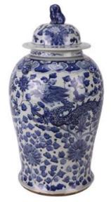Blue and White Chinese Ginger Jar – Dragon & Floral Porcelain with Sculpted Lid