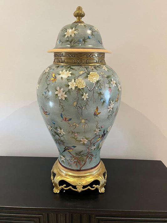 Green Porcelain Ginger Jar with Butterflies & Flowers – Gilded Decorative 67cm H