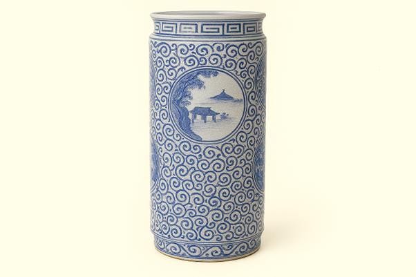 Vintage Style Chinese Blue and White Porcelain Umbrella Stand – Pagoda Landscape