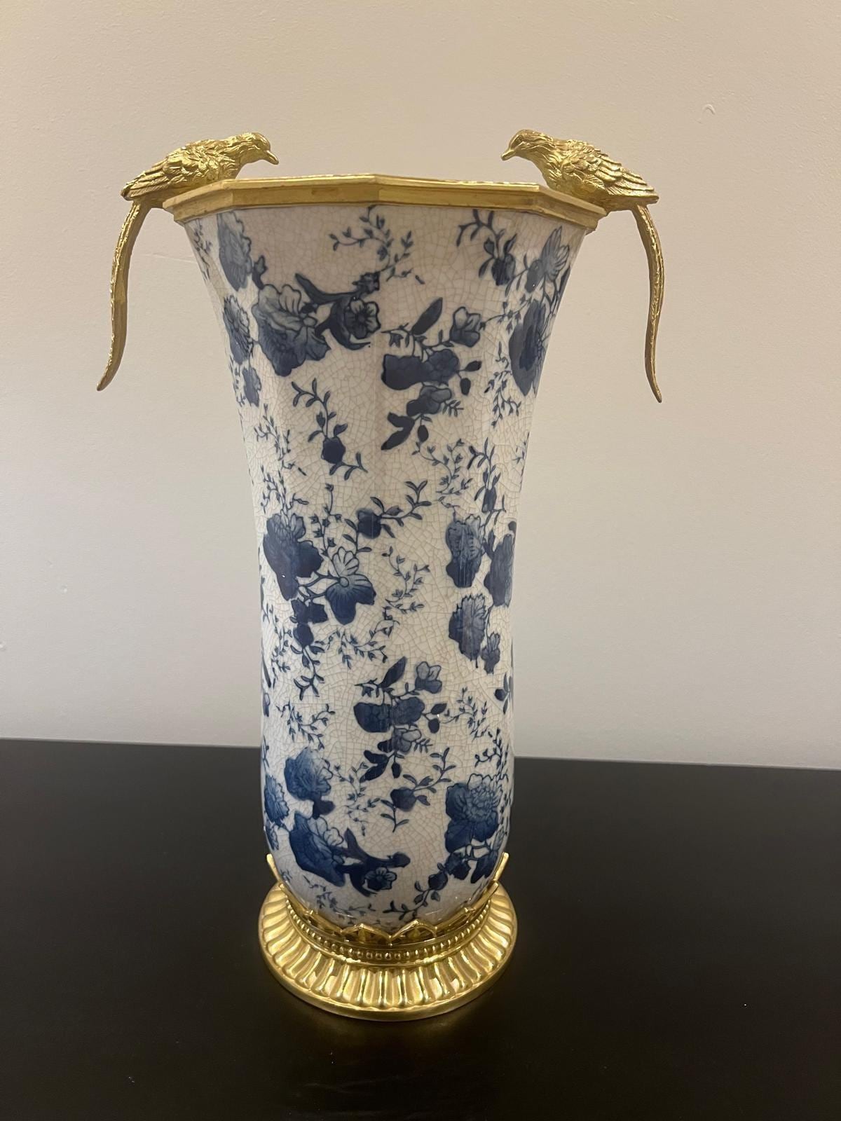 Blue and White Porcelain Vase: Bronze Accents, Spring Flower Motif (35.5 cm)