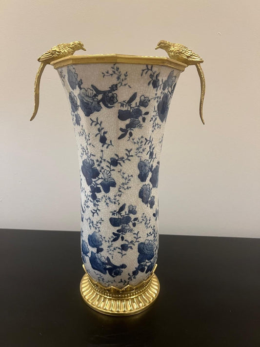 Blue and White Porcelain Vase: Bronze Accents, Spring Flower Motif (35.5 cm)