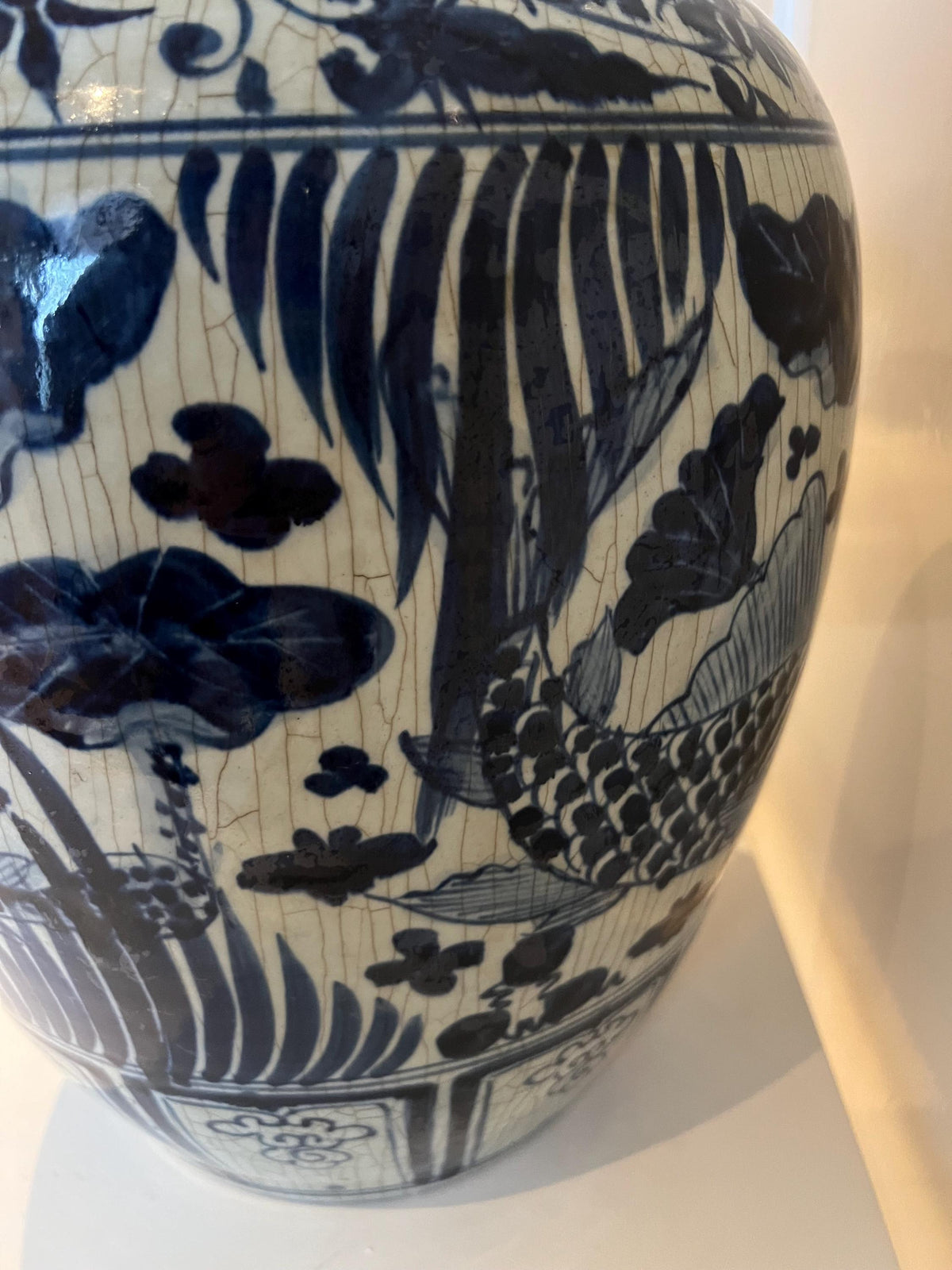 Blue and White Crackle Glaze Porcelain Ginger Jar – Hand‑Painted Fish Motif  18"