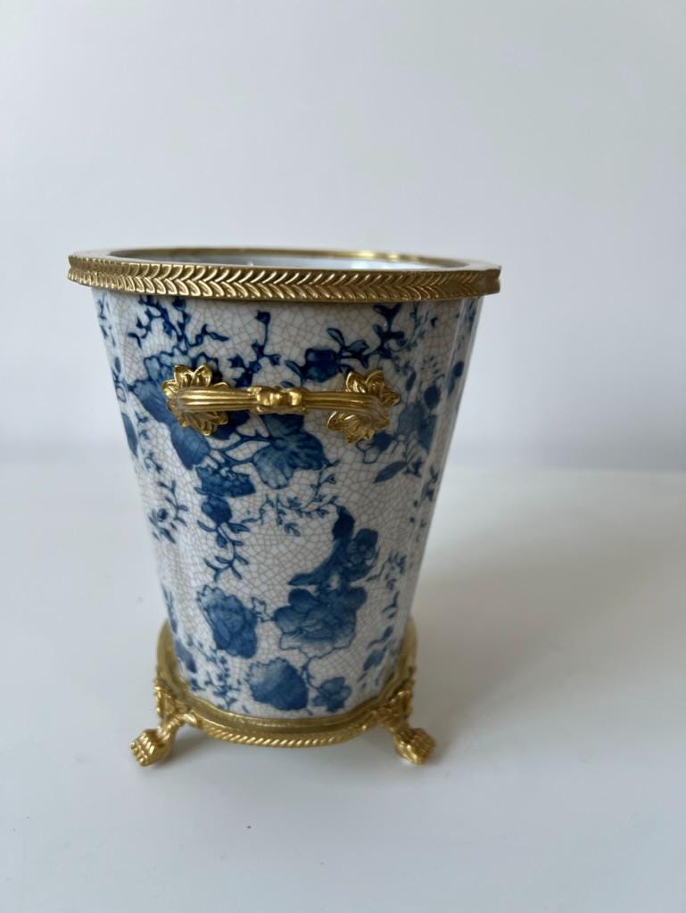 Blue and White Porcelain Cachepot with Gilt Handles and Feet – Decorative Planter