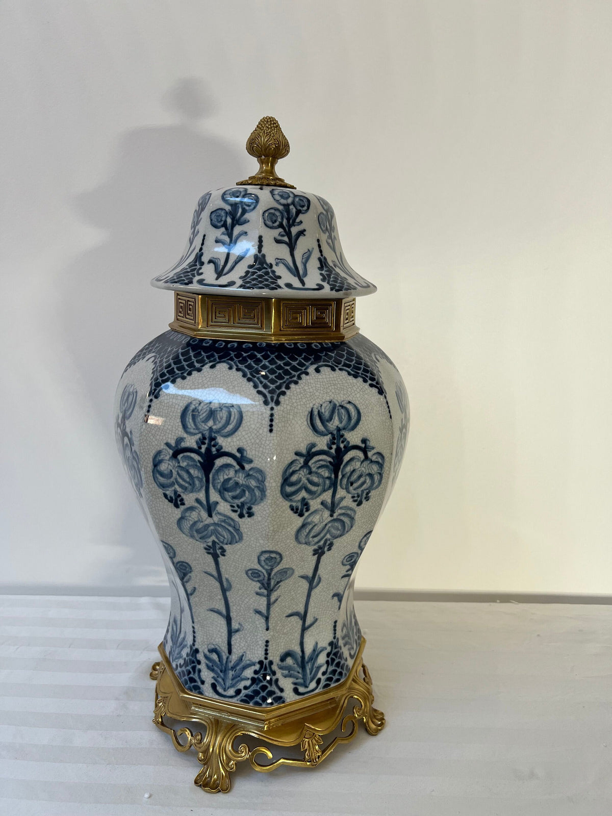Blue and White Porcelain Ginger Jar with Lid – Decorative Urn with Gilt Base (22")