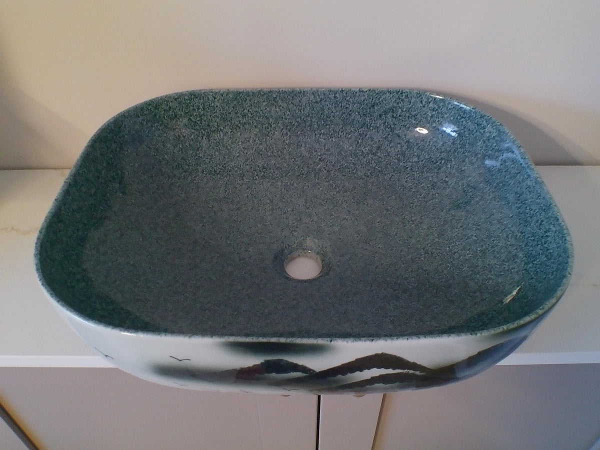 Hand‑Painted Porcelain Basin – Grey Landscape Bathroom Sink – Modern Artistic Wash Bowl