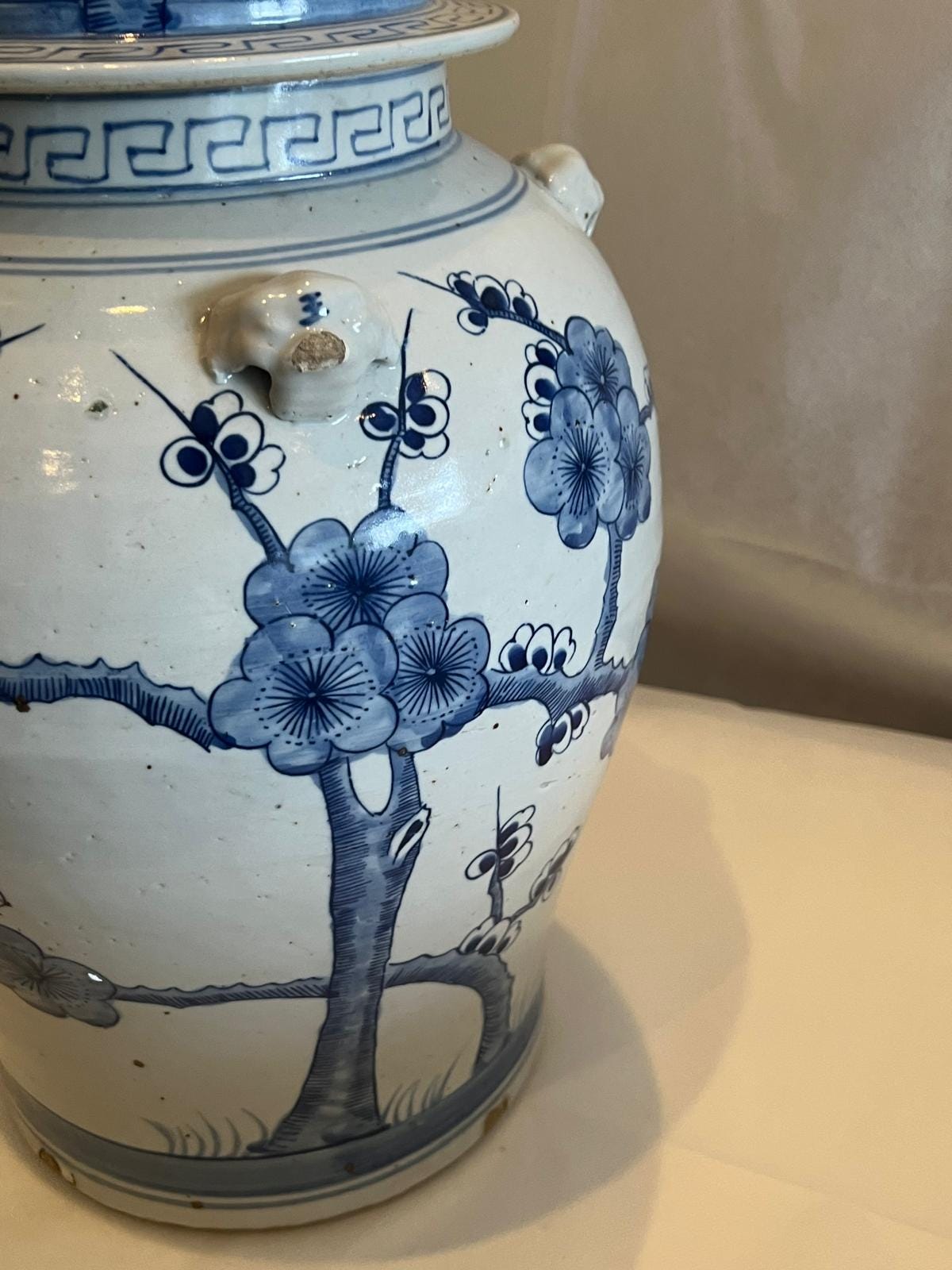 Blue and White Porcelain Ginger Jar – Floral Motif with Handles & Lid