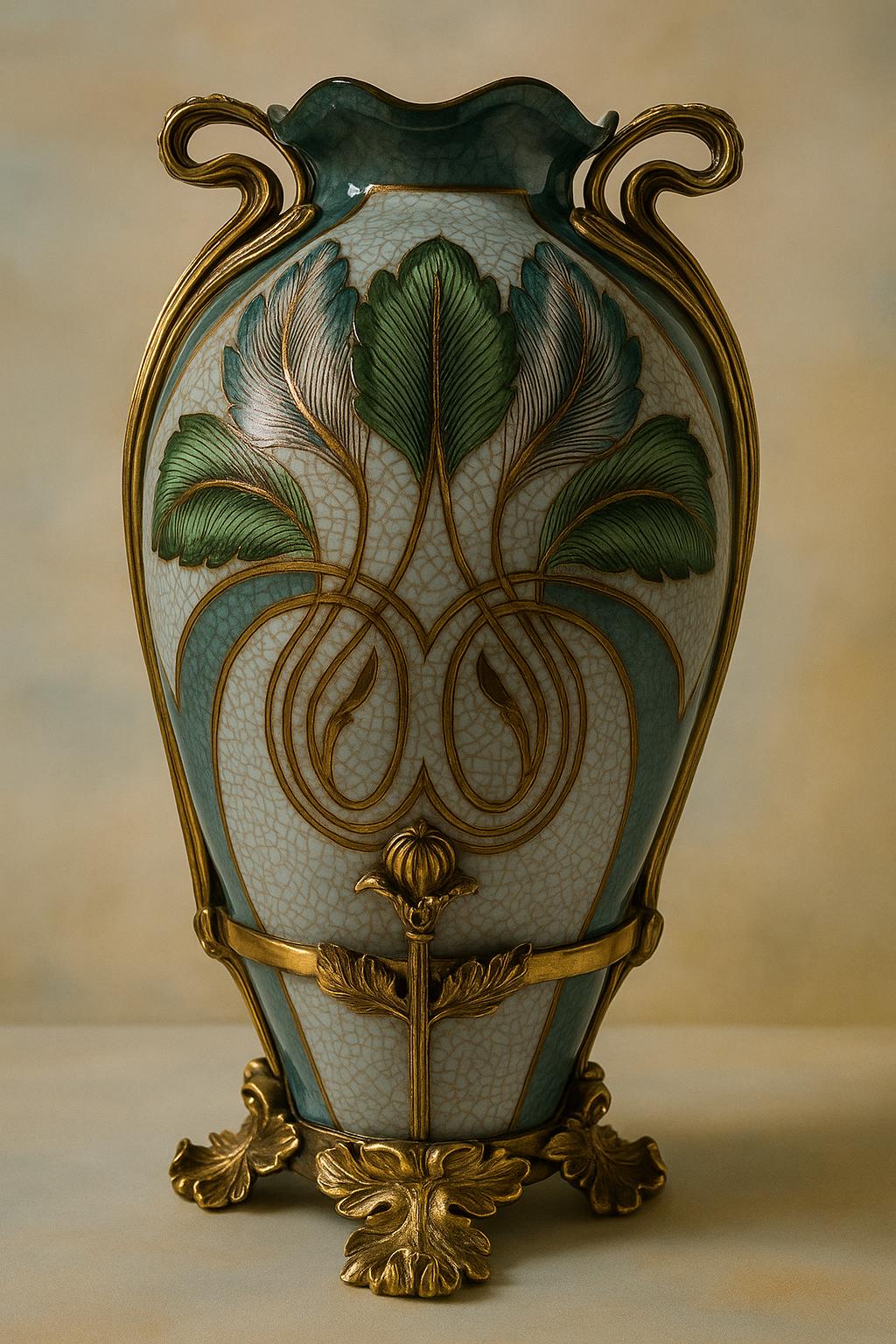Art Nouveau Gilt Floral Vase, Ornate Antique‑Style Porcelain with Handles