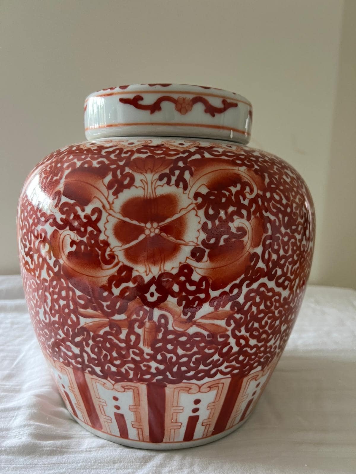 Red & White Decorative Ceramic Jar – Handcrafted Floral and Geometric Design with Lid