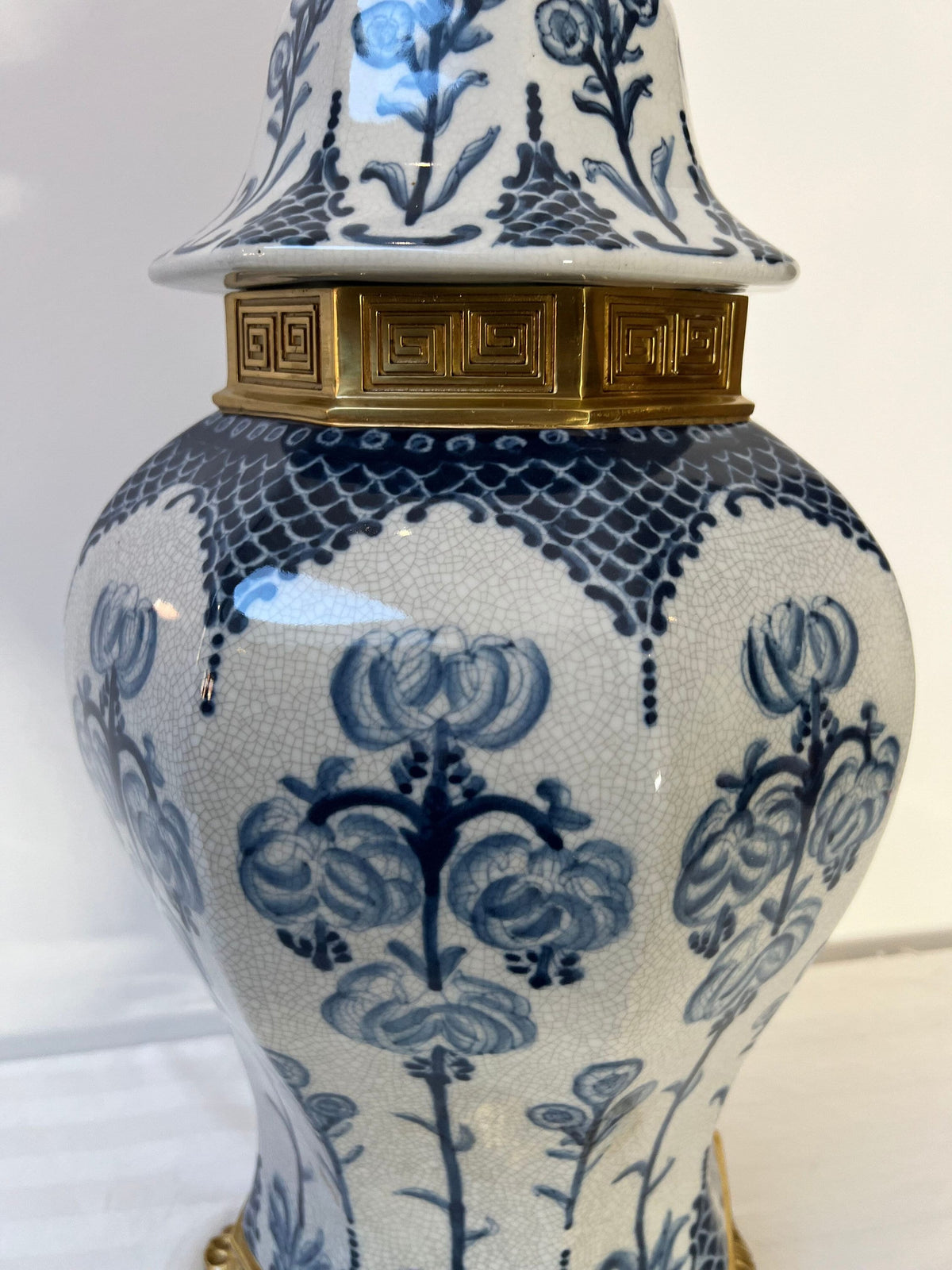 Blue and White Porcelain Ginger Jar with Lid – Decorative Urn with Gilt Base (22")
