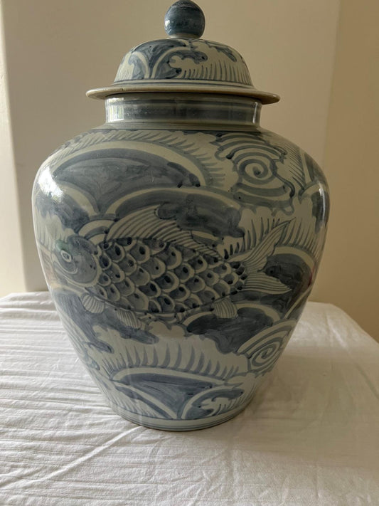 Blue and White Ceramic Ginger Jar – Hand-Painted Koi Fish & Wave Motif