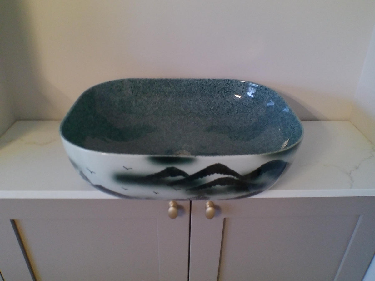 Hand‑Painted Porcelain Basin – Grey Landscape Bathroom Sink – Modern Artistic Wash Bowl