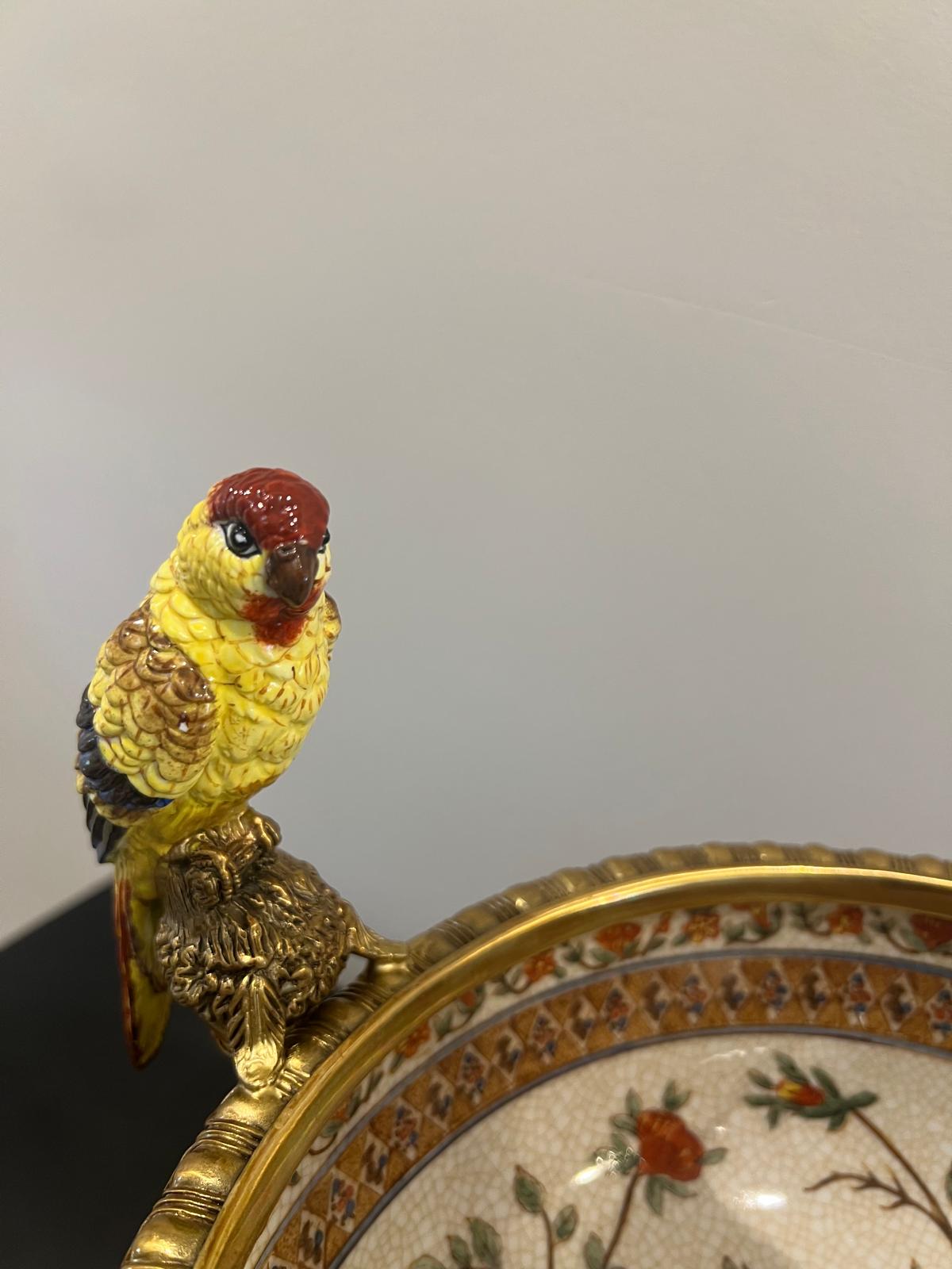 Ornate Porcelain Pedestal Bowl with Parrots & Birds – Gilded Decorative Centrepiece