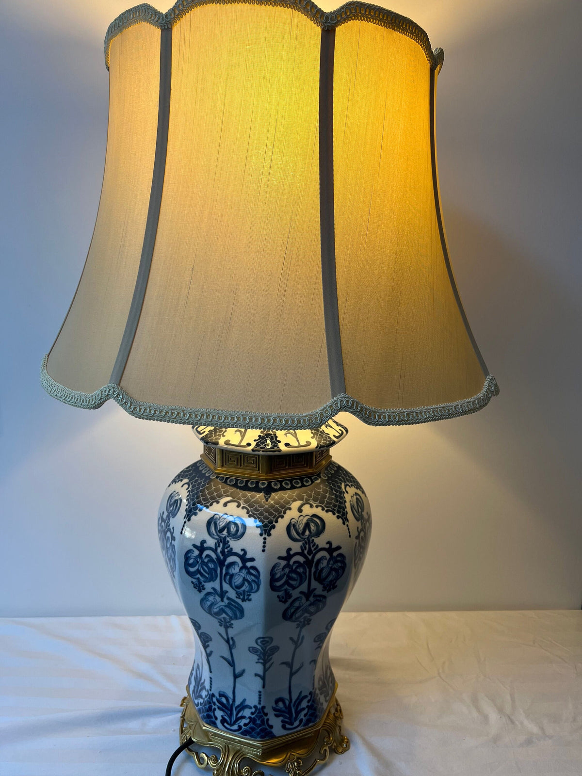 Blue and White Porcelain Table Lamp with Fabric Shade – Classic Decorative Lighting - 95cm