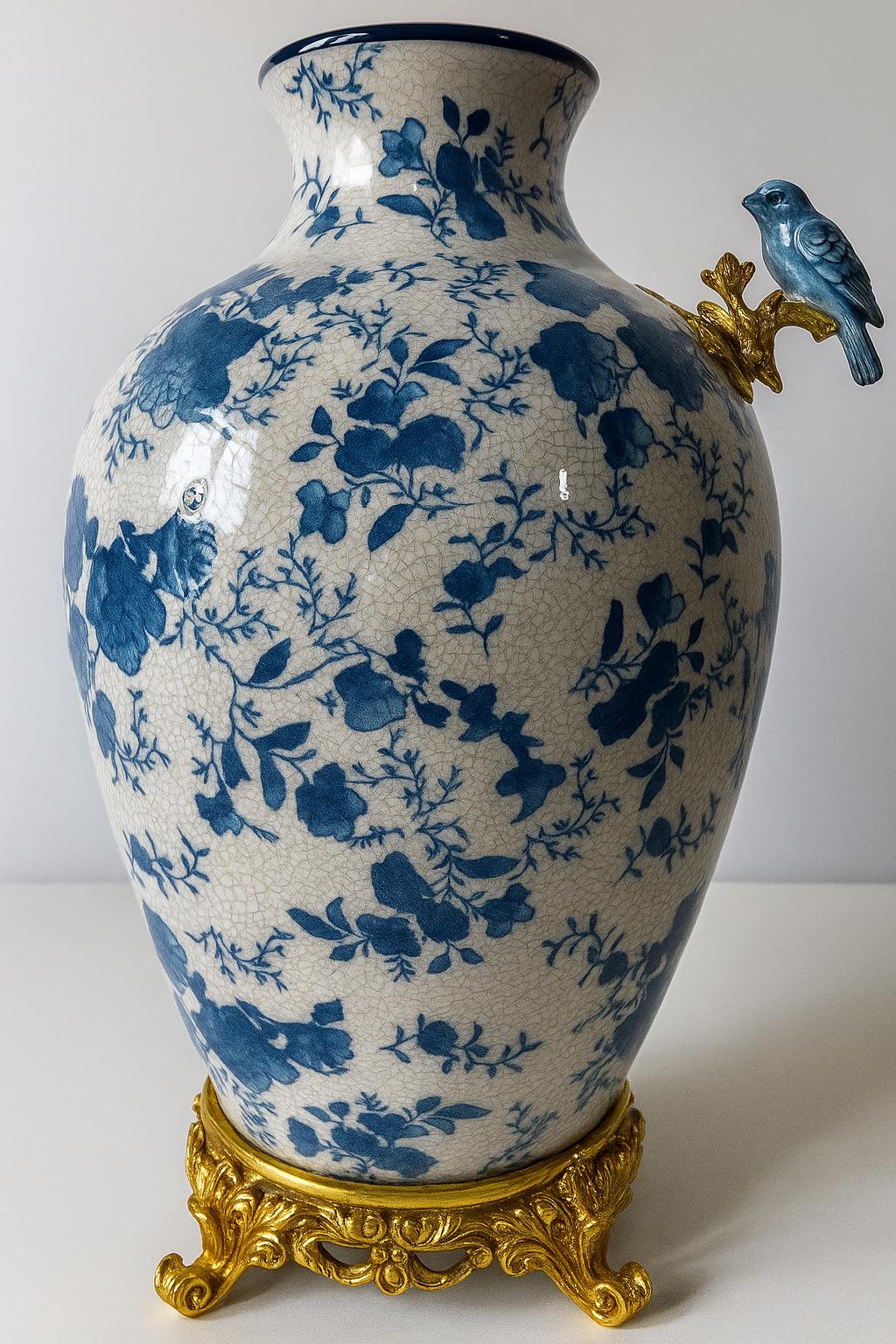 Blue and White Crackle Glaze Porcelain Vase with Bird Detail – Gilt Metal Base
