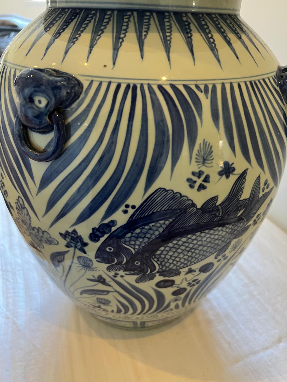 Vintage Chinese Blue and White Porcelain Ginger Jar - Fish Motif