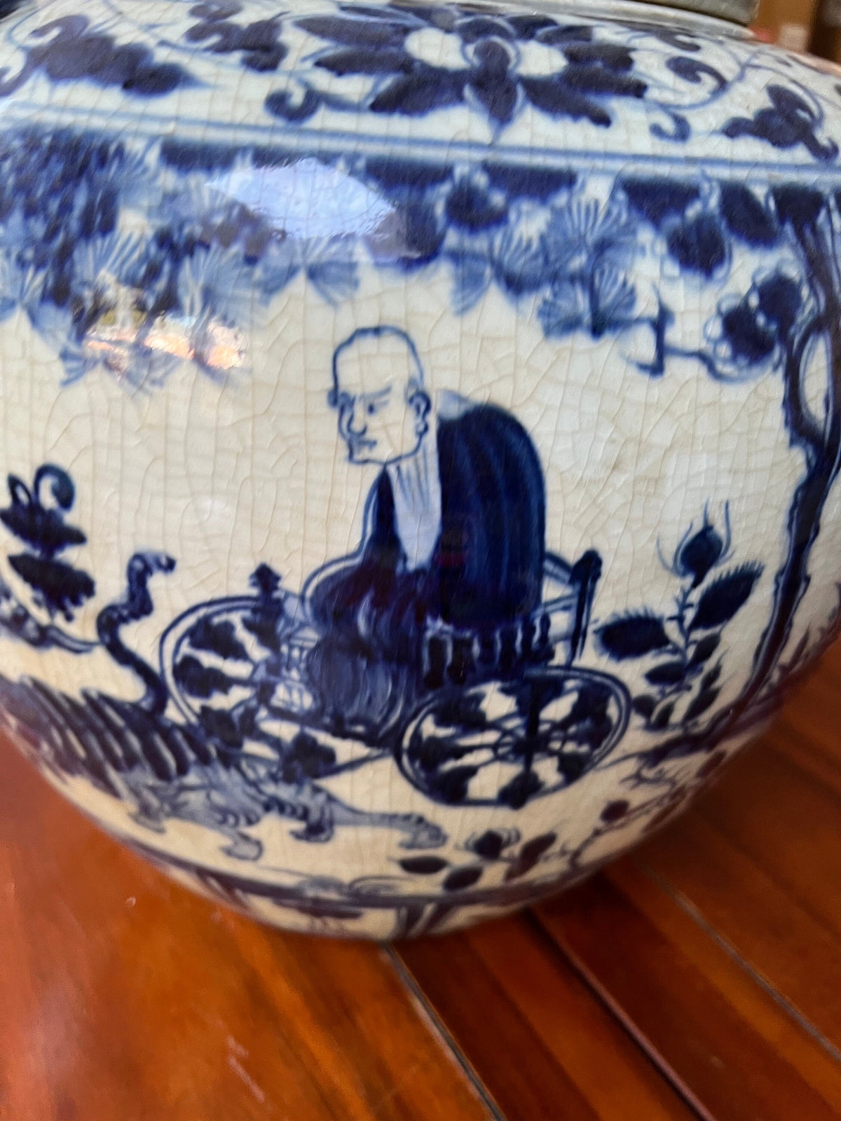 Blue White Porcelain Ginger Jar – Crackle Glaze Foo Dog Finial Asian Decor