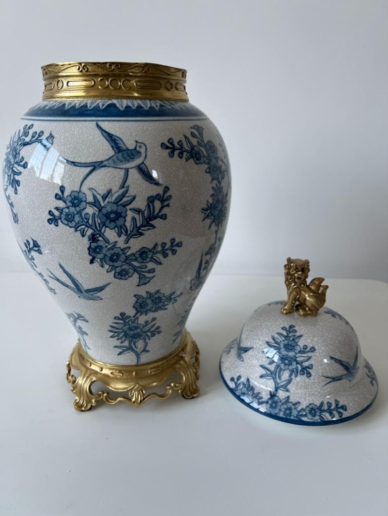 Blue and White Ginger Jar: Floral Bird Motif, Brass Foo Dog Lid