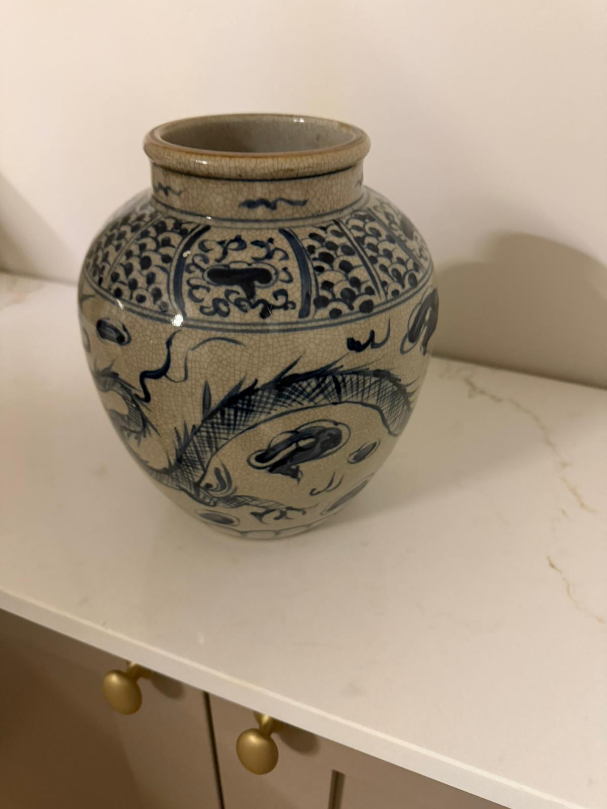 Vintage Style Chinese Porcelain Vase – Blue Dragon Motif, Beige Ceramic