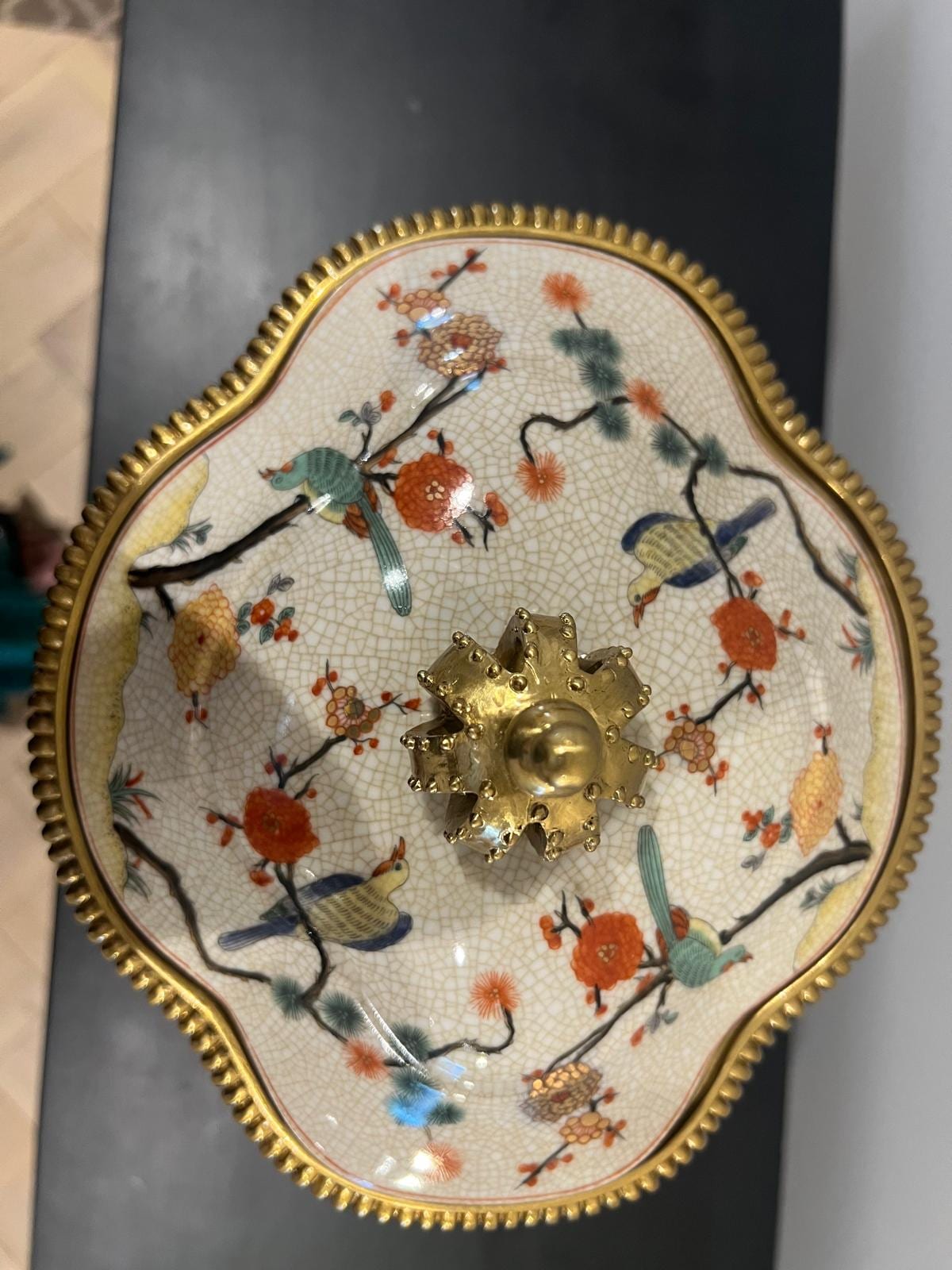 Art Deco Porcelain Jar with Gold Base & Hand‑Painted Birds