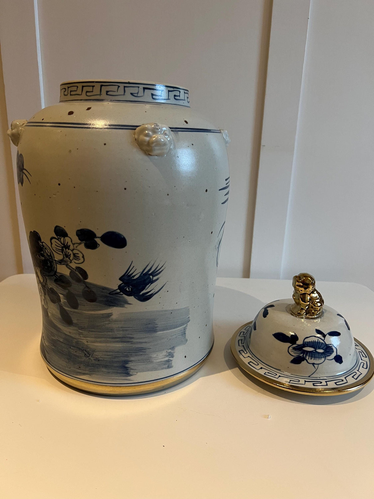 Blue and White Porcelain Ginger Jar with Bird & Floral Motif – Gilt Lidded Decor 19"