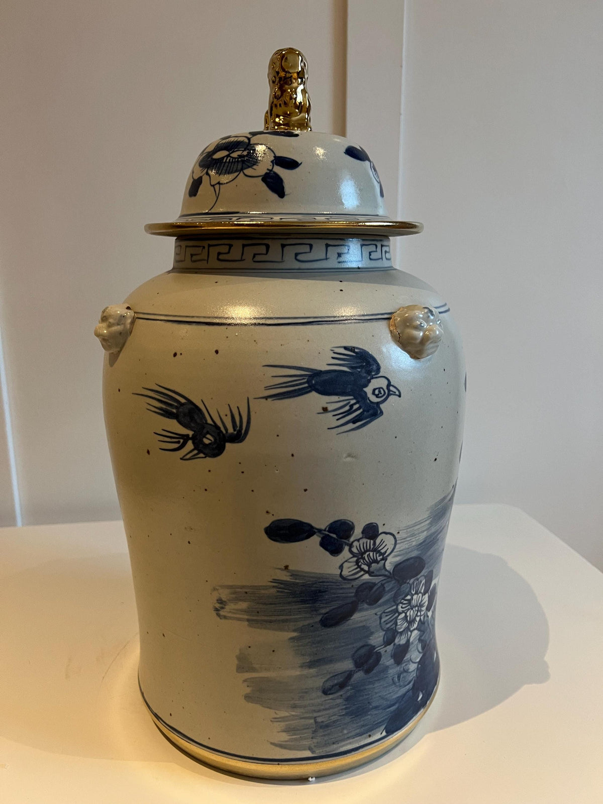 Blue and White Porcelain Ginger Jar with Bird & Floral Motif – Gilt Lidded Decor 19"