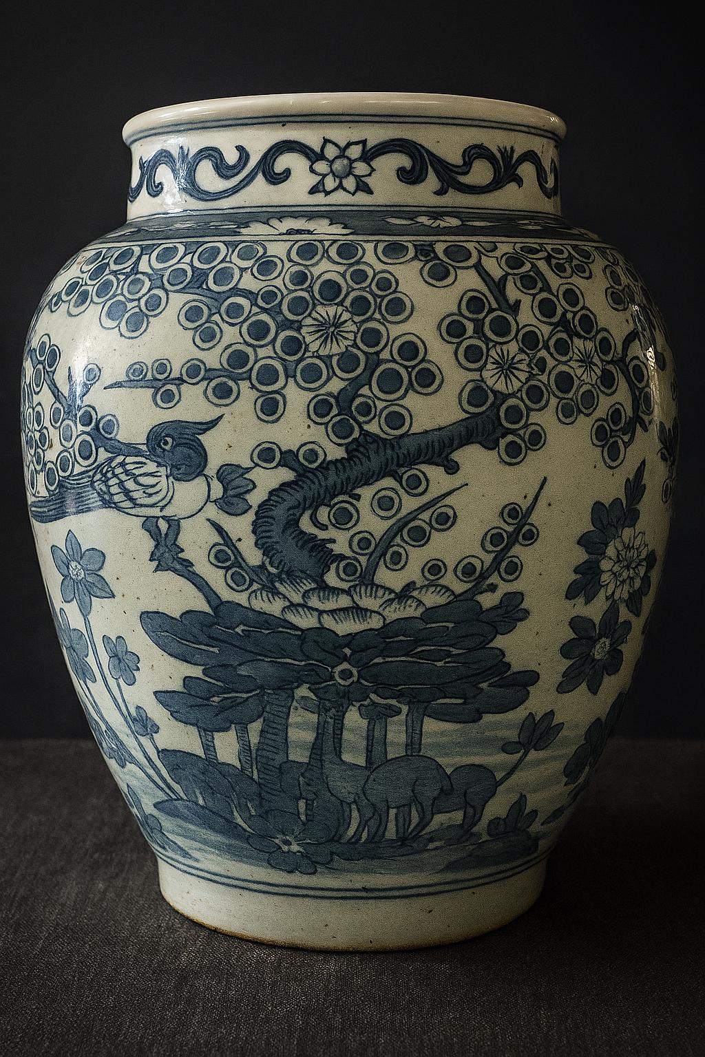 Vintage Style Blue White Porcelain Vase – Pagoda Landscape Floral Motif Ceramic Art